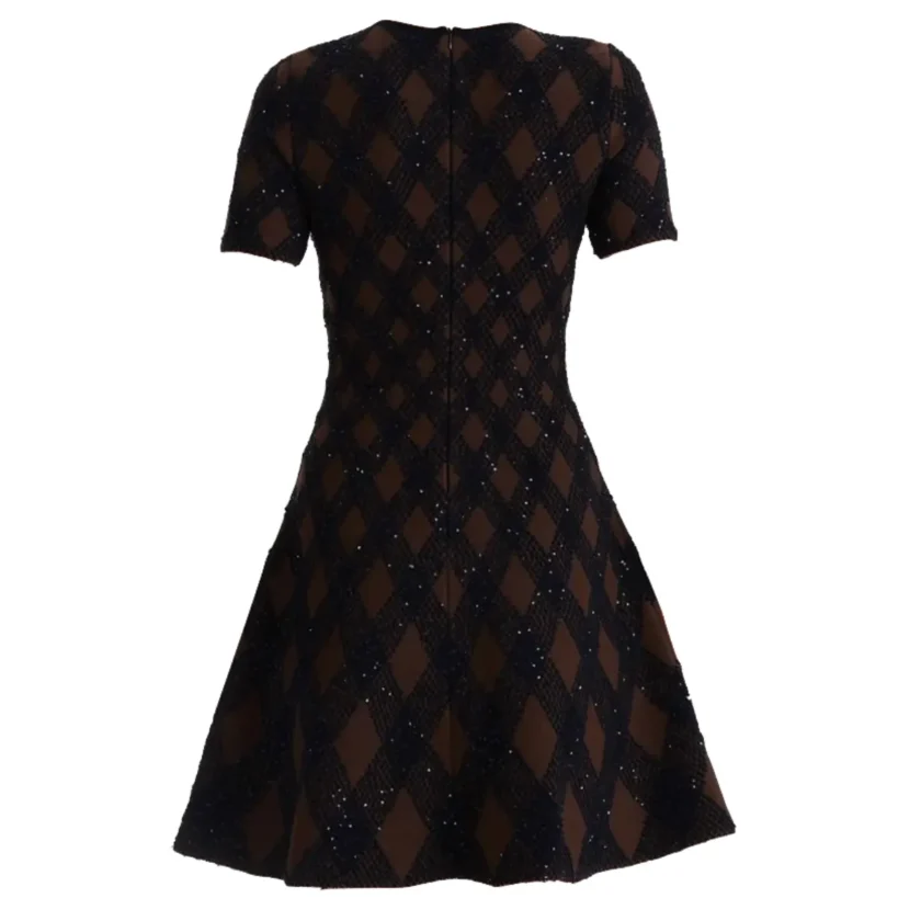Oscar De La Renta Navy Brown Argyle Knit Short Dress back