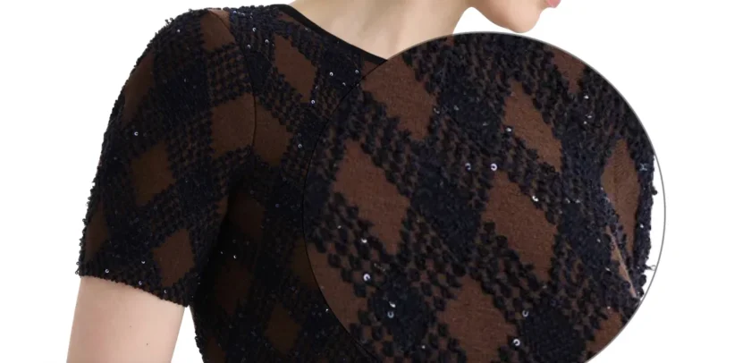 Oscar De La Renta Navy Brown Argyle Knit Short Dress detail close up