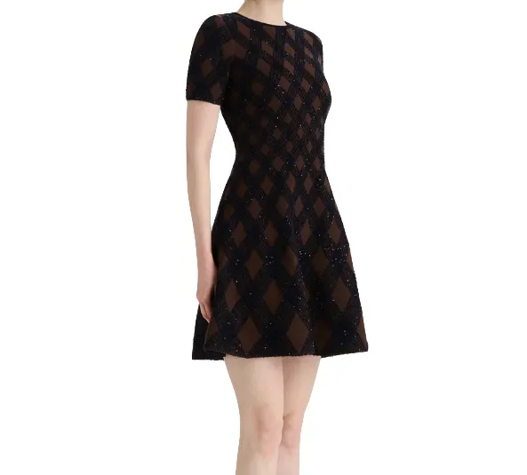 Oscar De La Renta Navy Brown Argyle Knit Short Dress worn