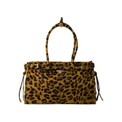 Prada Bonnie Large Leopard Print Neutral Pony Hair Top Handle Bag
