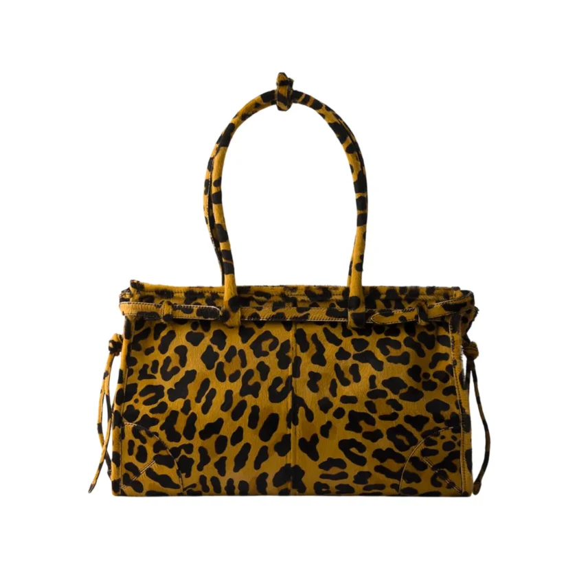 Prada Bonnie Large Leopard Print Neutral Pony Hair Top Handle Bag back