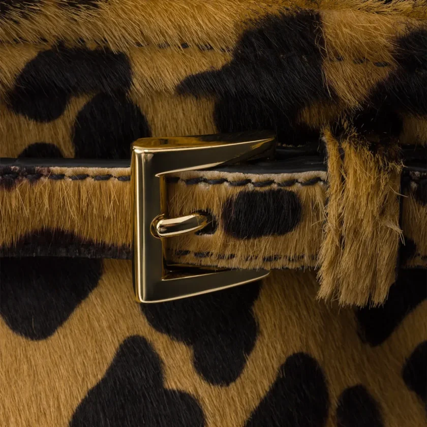 Prada Bonnie Large Leopard Print Neutral Pony Hair Top Handle Bag closeup