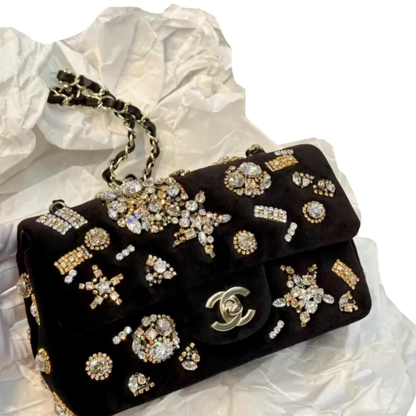 Rare Chanel Mini Black Velvet Rhinestones Crystals Gold tone Fall Winter 2025:26 Flap