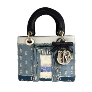 Small Lady Dior Dioriviera Bag Blue Satin and Moiré Embroidered Beads