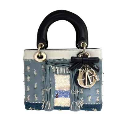 Small Lady Dior Dioriviera Bag Blue Satin and Moiré Embroidered Beads