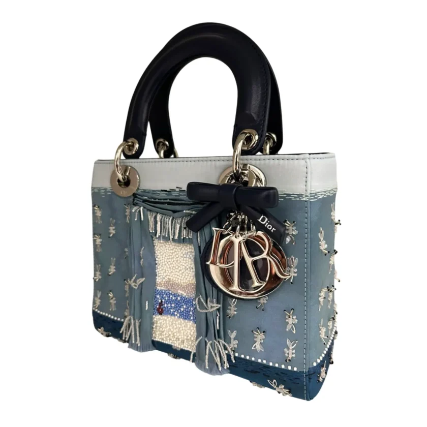 Small Lady Dior Dioriviera Bag Blue Satin and Moiré Embroidered Beads side