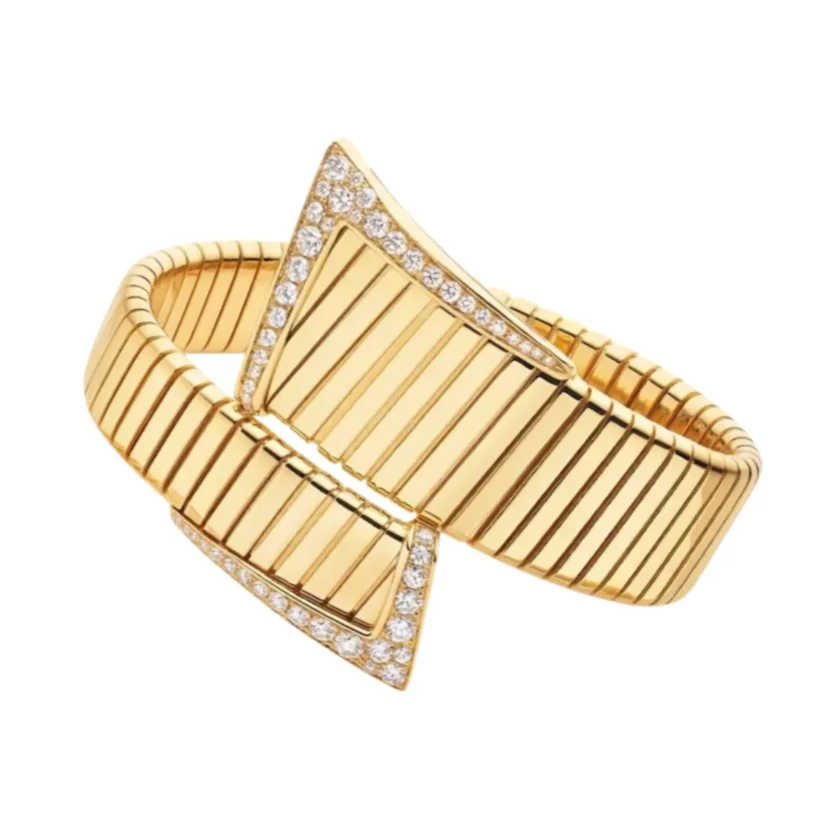 2026 Bvlgari Tubogas Asymmetric Cuff bracelet 18k Yellow Gold Pavé Diamonds
