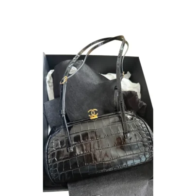 2026 Chanel Pretty CC Clutch With Strap Black Crocodile Embossed Leather Gold tone Hardware