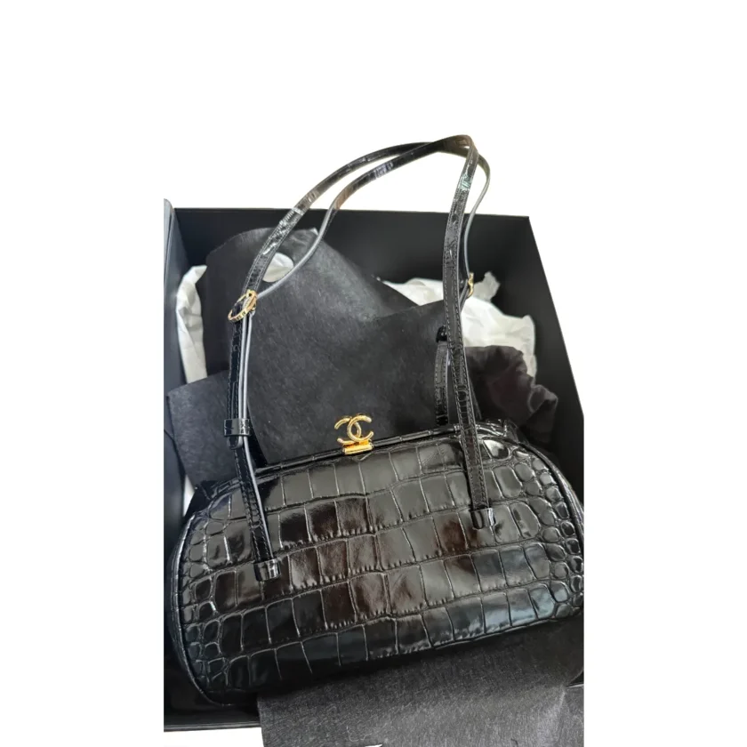 2026 Chanel Pretty CC Clutch With Strap Black Crocodile Embossed Leather Gold tone Hardware