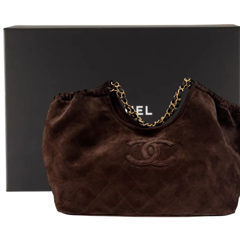 26b Chanel Small CC Cabas Hobo Bag Dark Brown Suede Gold Hardware