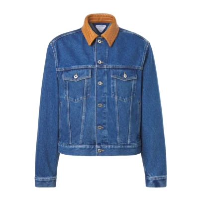 Bottega Veneta Blue Denim Jacket with brown intrecciato leather collar