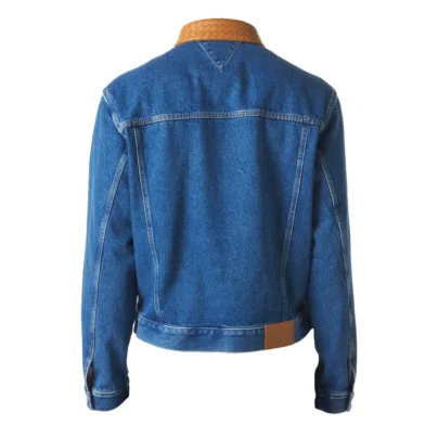 Bottega Veneta Blue Denim Jacket with brown intrecciato leather collar back