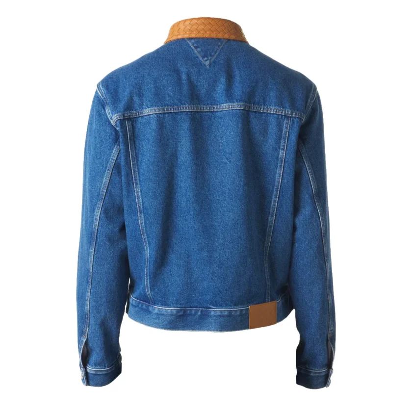 Bottega Veneta Blue Denim Jacket with brown intrecciato leather collar back
