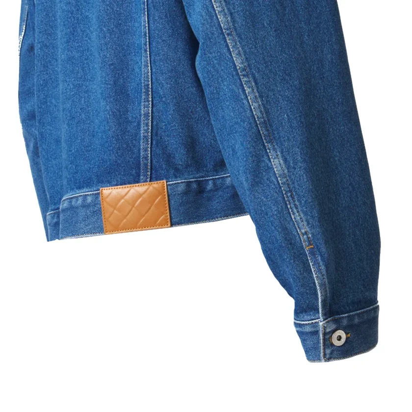 Bottega Veneta Blue Denim Jacket with brown intrecciato leather collar side