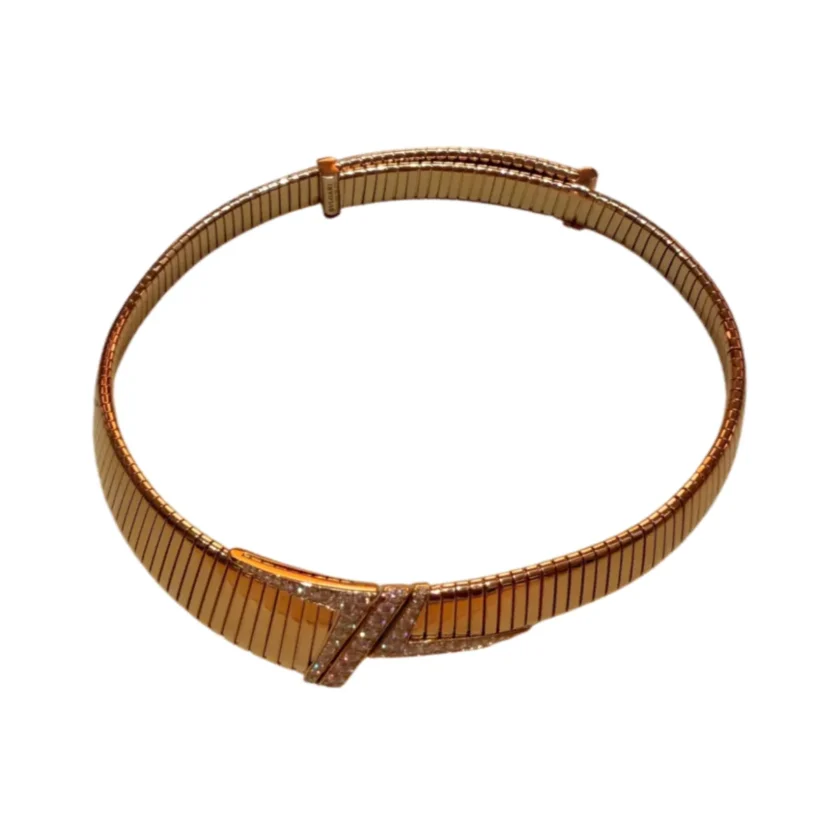 Bvlgari Tubogas Asymmetric Necklace 18k Yellow Gold Pavé Diamonds
