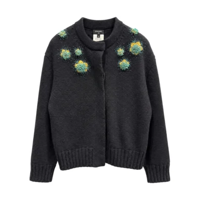 Chanel 2026 Beaded Floral Embellished Knit Black Cardigan