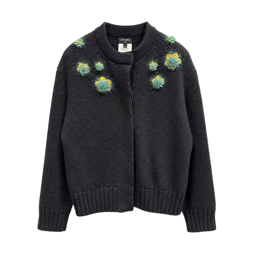 Chanel 2026 Beaded Floral Embellished Knit Black Cardigan