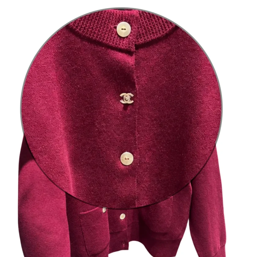 Chanel 2026 Burgundy Knit Cardigan closeup