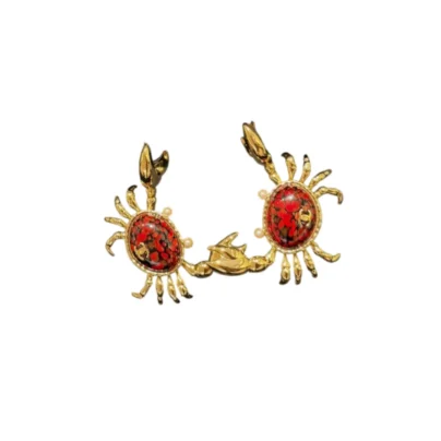Chanel Coco Beach Crab Earrings Red Glass Pearl Gold-tone Metal