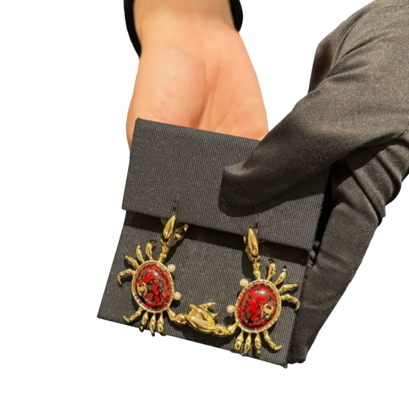 Chanel Earrings Coco Beach Crab Red Glass Pearl Gold tone Metal
