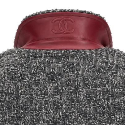 Chanel Fall Winter 2026 Jacket Grey Wool Cotton Mixed Fibres red leather collar