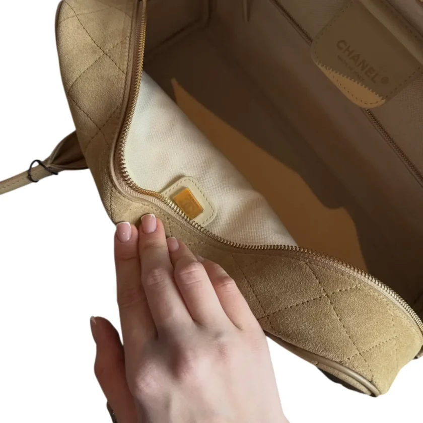 Chanel Large Bowling Bag 26s Dark Beige Suede Gold Hardware interior