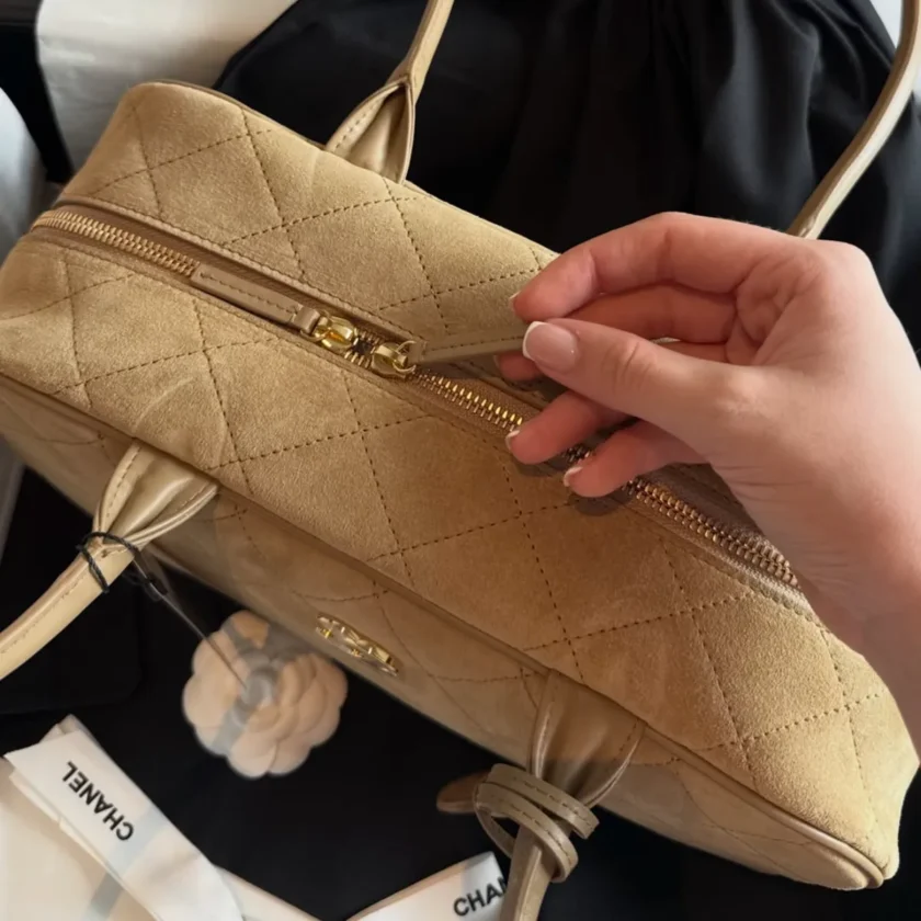 Chanel Large Bowling Bag 26s Dark Beige Suede Gold Hardware top zipper
