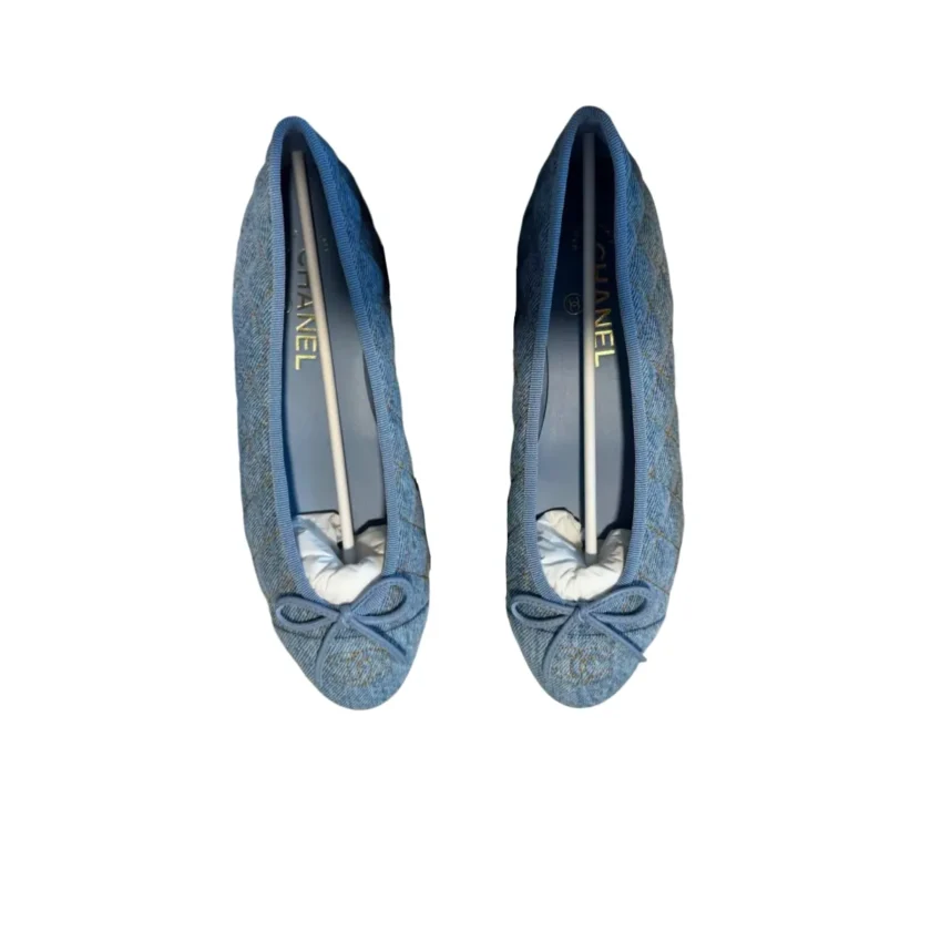 Chanel Light Blue Denim Quilted Cap Toe CC Ballerina Flats