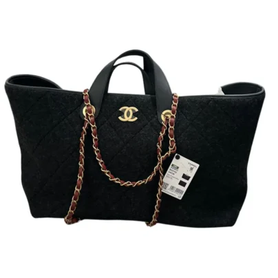 Chanel Maxi Shopping Bag Quilted Dark Grey Wool Gold tone Metal