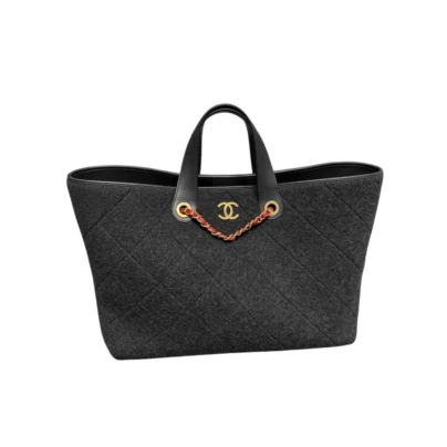 Chanel Maxi Shopping Bag Wool Dark Grey Gold-tone Metal with strap