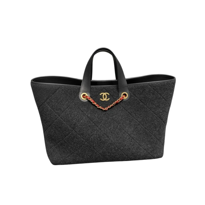 Chanel Maxi Shopping Bag Wool Dark Grey Gold tone Metal with strap