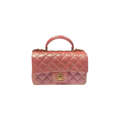 Chanel Mini Rectangular Flap Bag with Top Handle Pink Iridescent Lambskin Leather