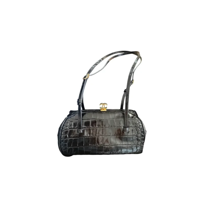 Chanel Pretty CC Clutch With Strap Black Crocodile Embossed Leather Gold tone Hardware