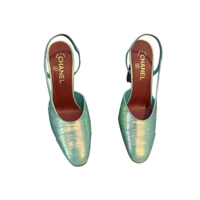 Chanel Slingback Block Heels Blue Iridescent Crocodile Embossed Leather