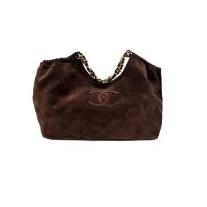 Chanel Small CC Cabas Hobo Bag Dark Brown Suede Gold Hardware
