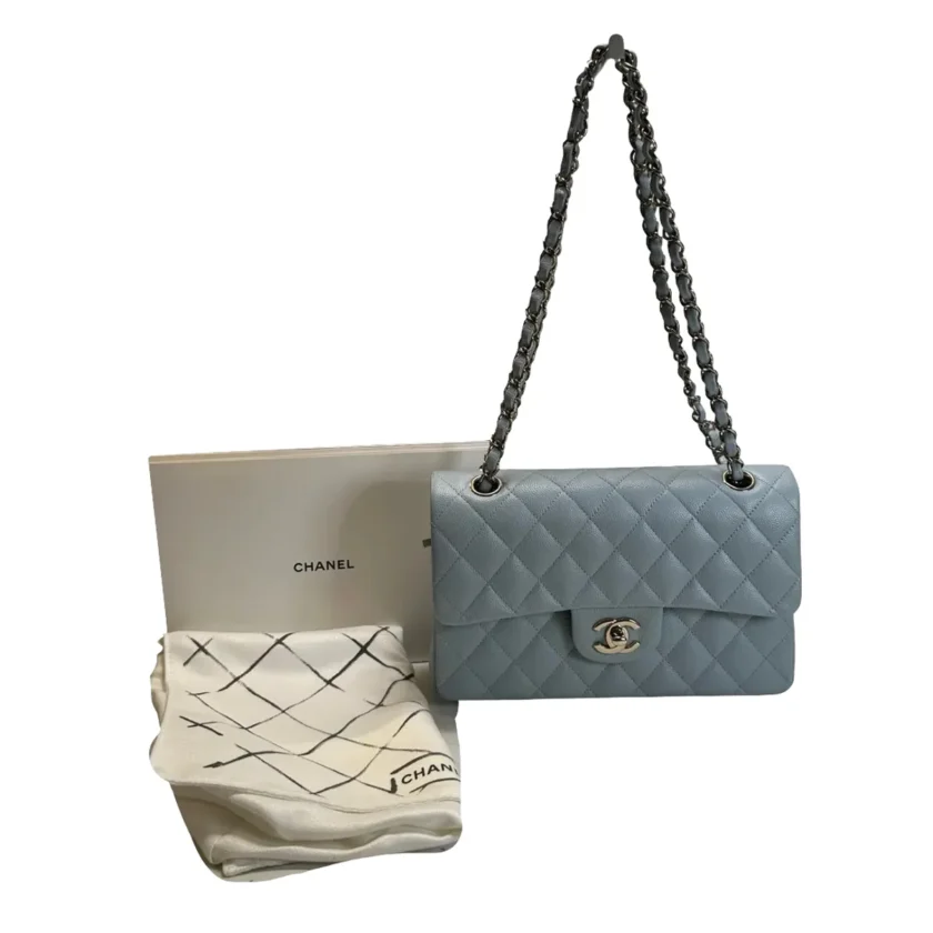 Chanel Small Classic Flap Light Blue Caviar Leather Silver tone Hardware front