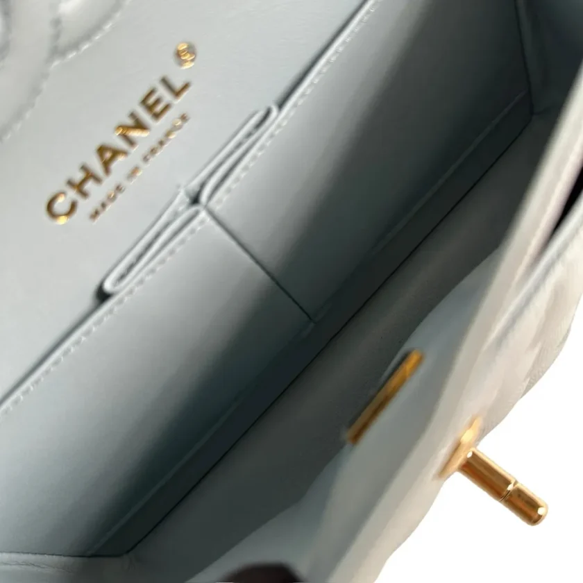 Chanel Small Classic Flap Light Blue Caviar Leather Silver tone Hardware interior