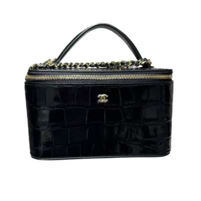 Chanel Top Handle Vanity With Chain Black Croc-embossed Calfskin Leather Gold Hardware