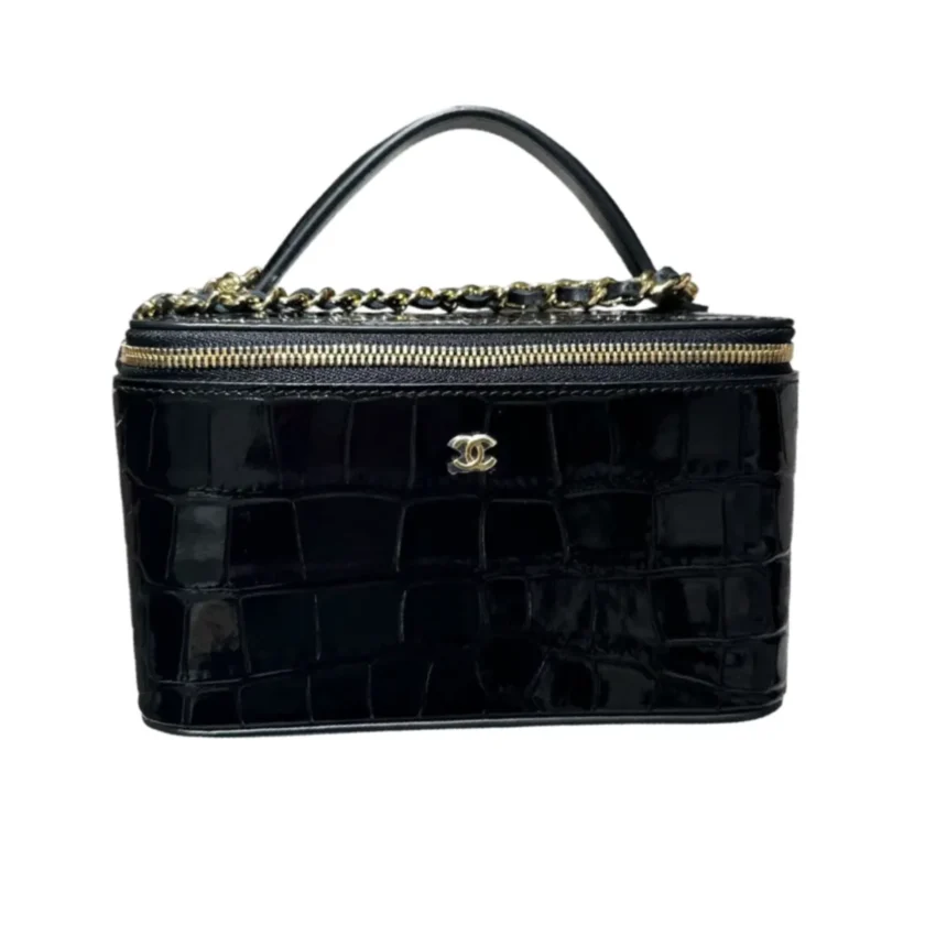 Chanel Top Handle Vanity With Chain Black Croc embossed Calfskin Leather Gold Hardware