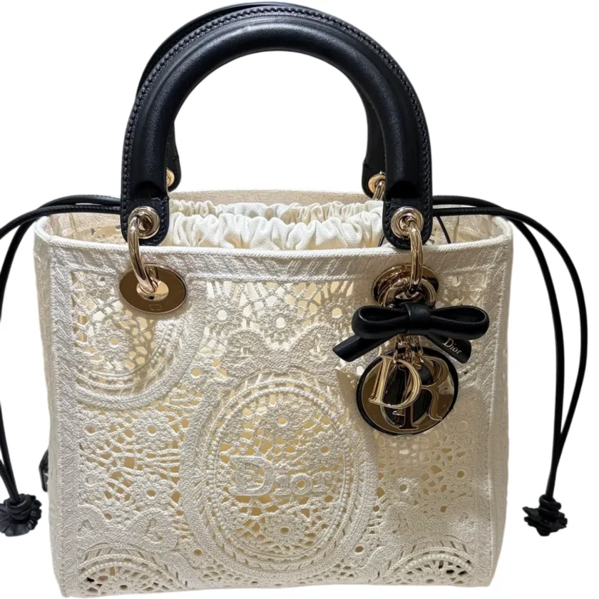 Dior Medium Lady Dior Latte Crochet Embroidery Bag