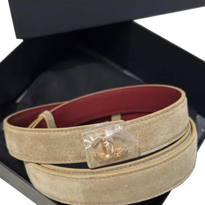 FW26 Chanel Leather Belt Dark Beige Suede Calfskin and Gold Metal