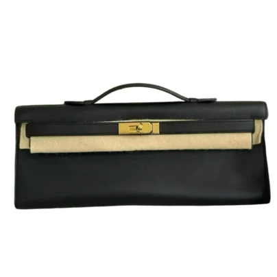 Hermes Kelly Cut Clutch Bag Black Swift Leather Gold Hardware