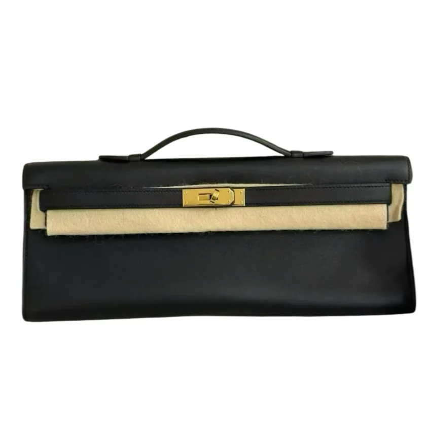 Hermes Kelly Cut Clutch Bag Black Swift Leather Gold Hardware