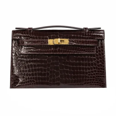 Hermes Kelly Pochette Havane Shiny Alligator Leather Gold Hardware