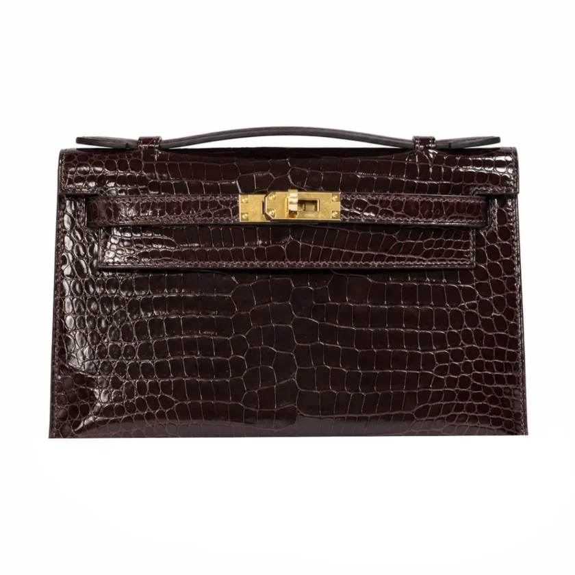 Hermes Kelly Pochette Havane Shiny Alligator Leather Gold Hardware