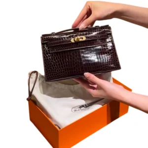 Hermes Kelly Pochette Havane Shiny Alligator Leather Gold Hardware front