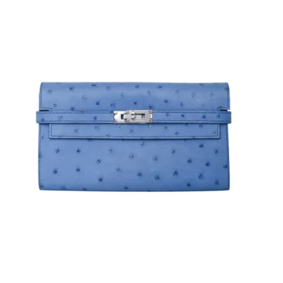 Hermes Kelly To Go Classic Long Wallet Blue Ostrich Leather Palladium Hardware