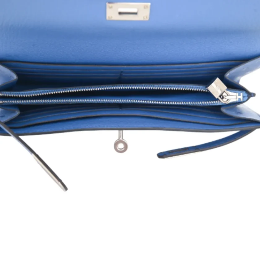 Hermes Kelly To Go Classic Long Wallet Blue Ostrich Leather Palladium Hardware interior