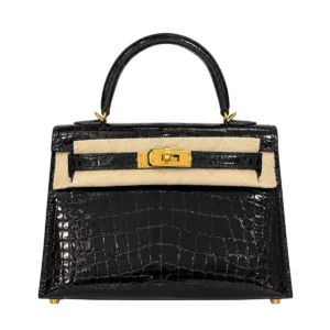 Hermes Mini Kelly Sellier 20 Black Shiny Alligator Gold Hardware