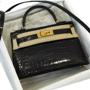 Hermes Mini Kelly Sellier 20 Black Shiny Alligator Gold Hardware new